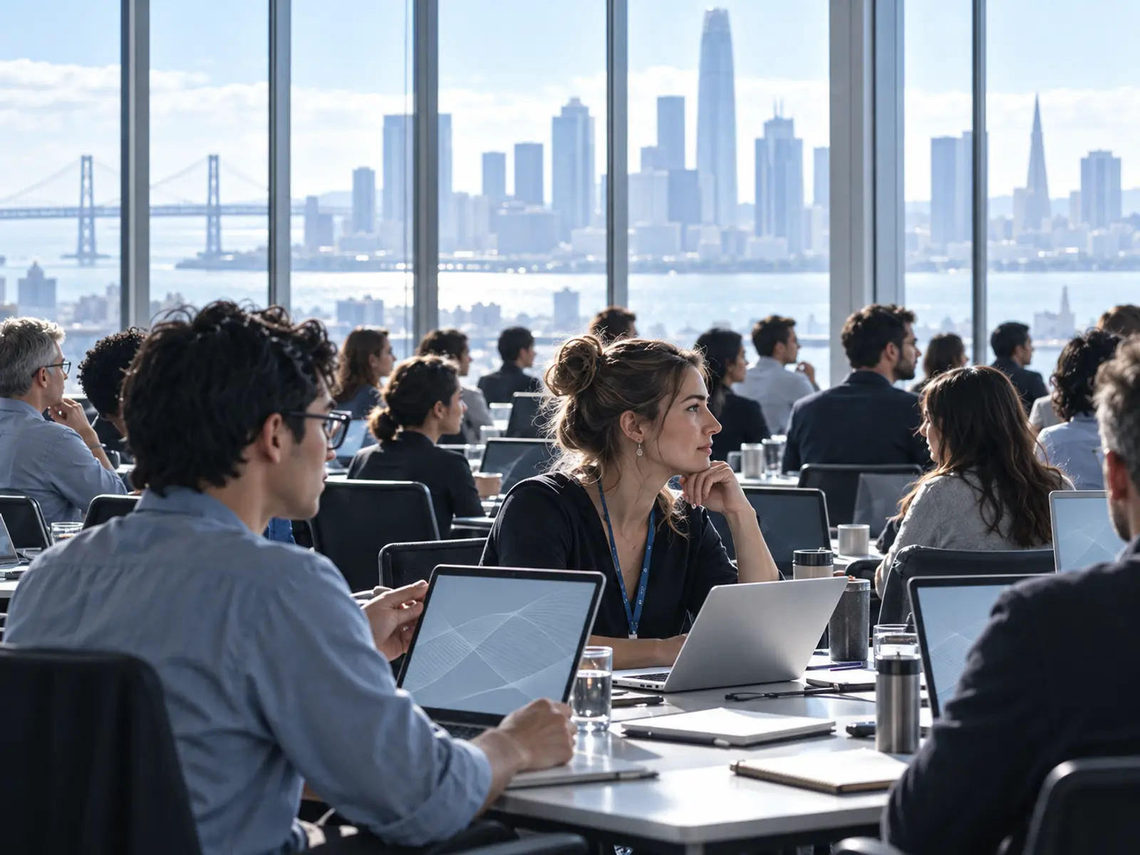 A workshop room of long tables with laptops and notebooks, windows over the skyline, a man and a woman listening in front