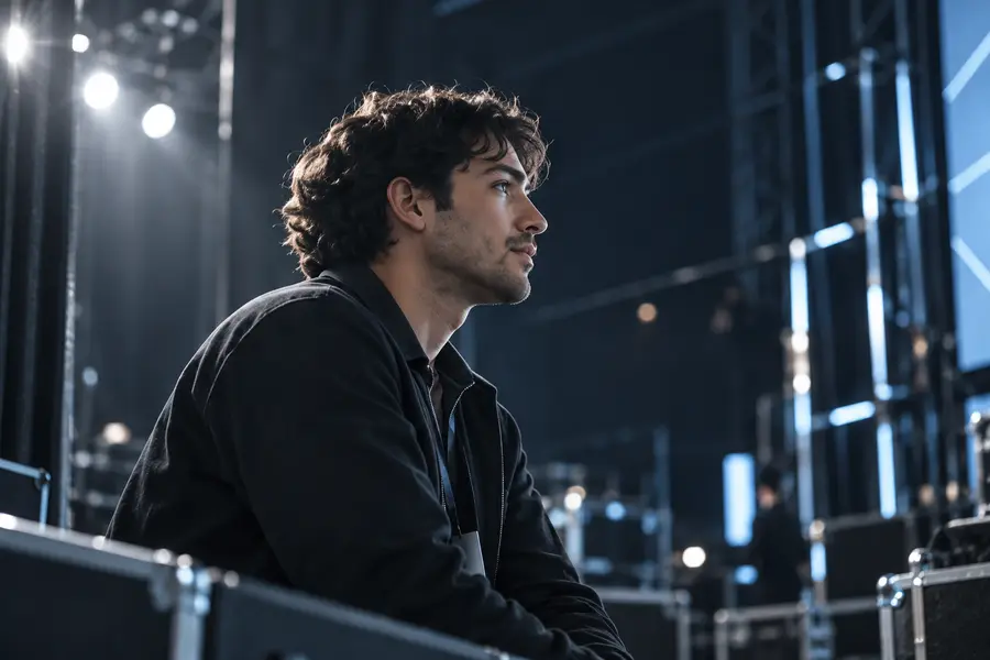 Alex Rivera, a man with curly dark hair in a black jacket, backstage among steel and small white lights