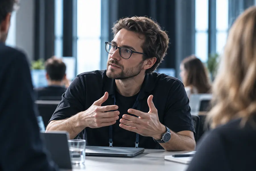 Liam Johnson, a man with glasses and a beard in a black T-shirt, explaining with both hands at a table