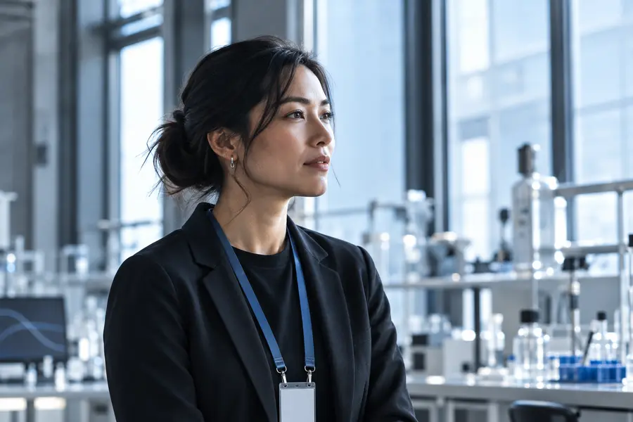 Maya Chen, her dark hair tied back, in a black blazer with a lanyard by a laboratory window