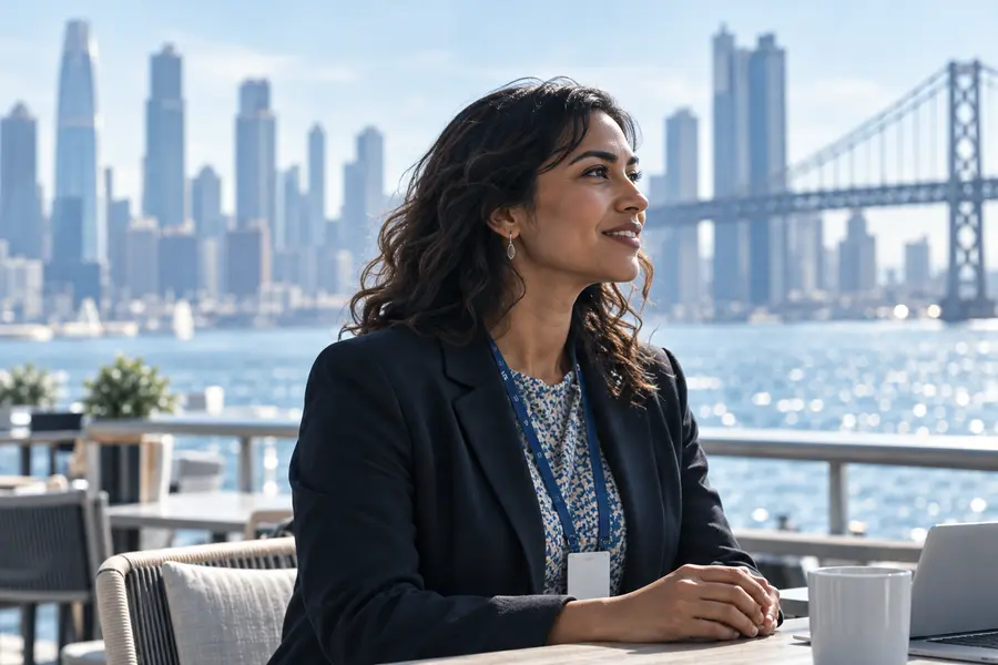 Sophia Patel, with long dark wavy hair and a dark blazer, smiling on a waterfront terrace with the skyline and a bridge behind