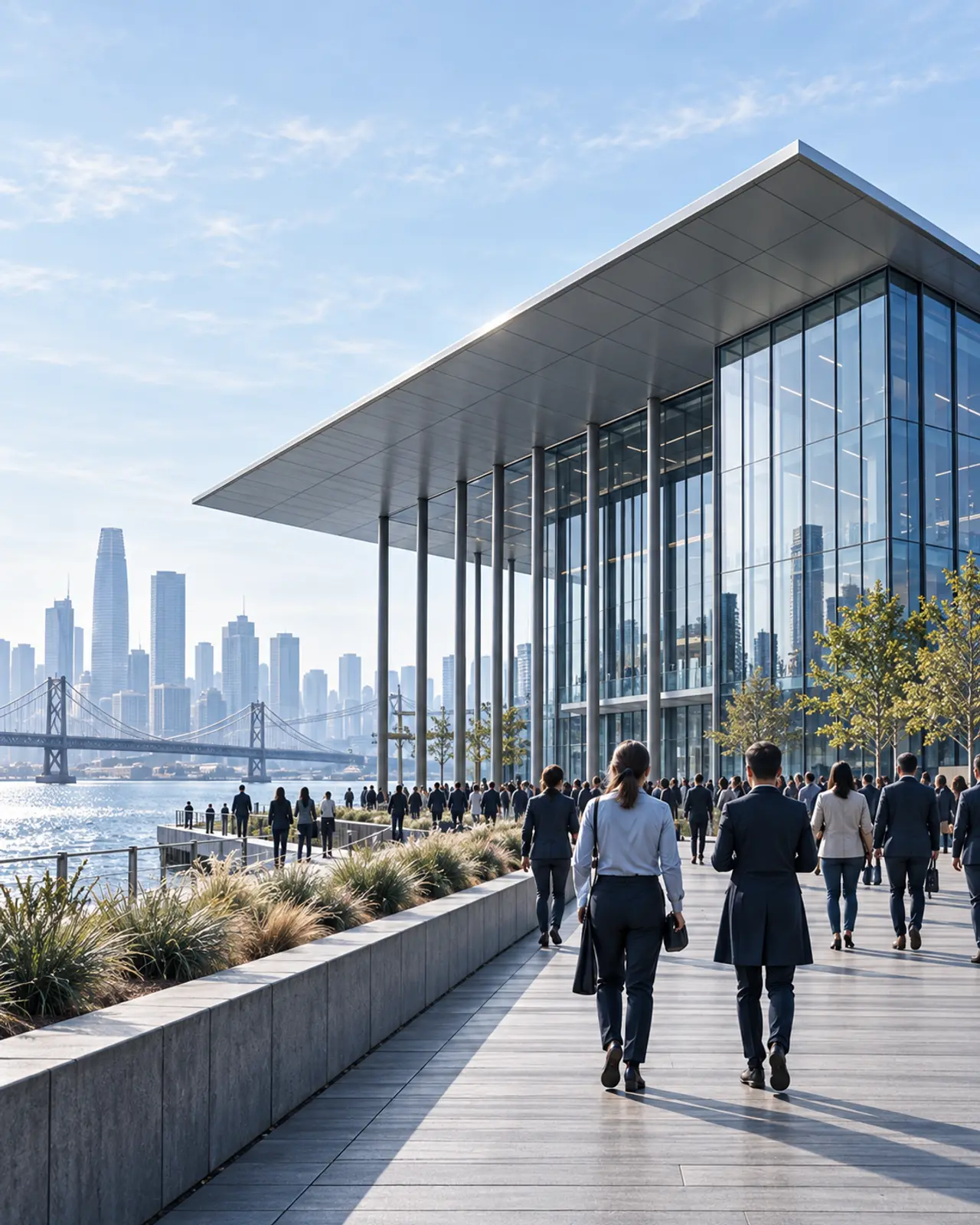 A modern waterfront hall with a thin steel roof and a glass front, people walking along a planted promenade, the skyline and a bridge across the bay