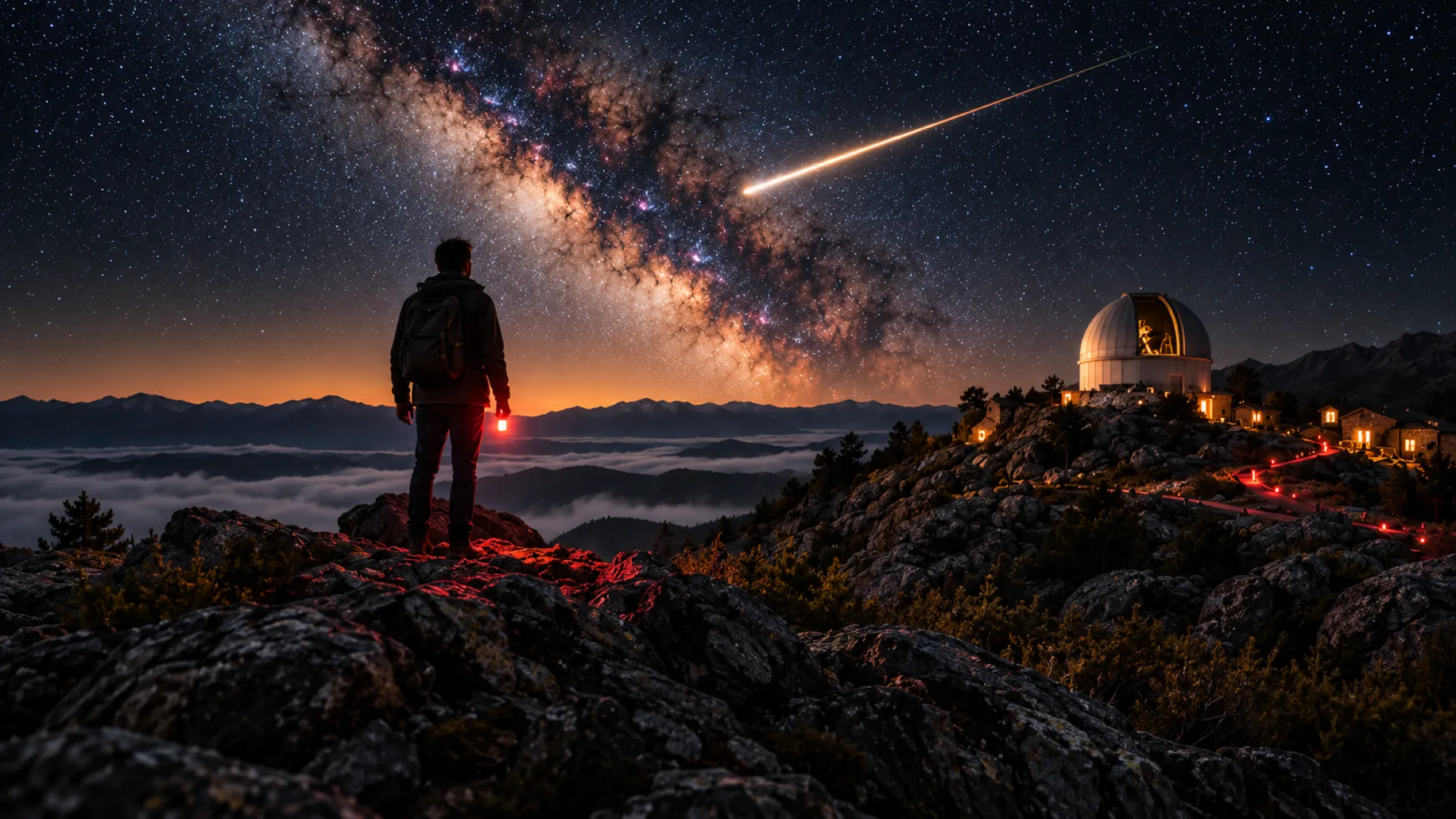 A walker with a red torch on a rocky ridge under the Milky Way and a meteor, the lit dome and cabins on the right