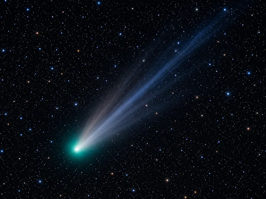 A comet with a green head and a long pale tail across a field of stars