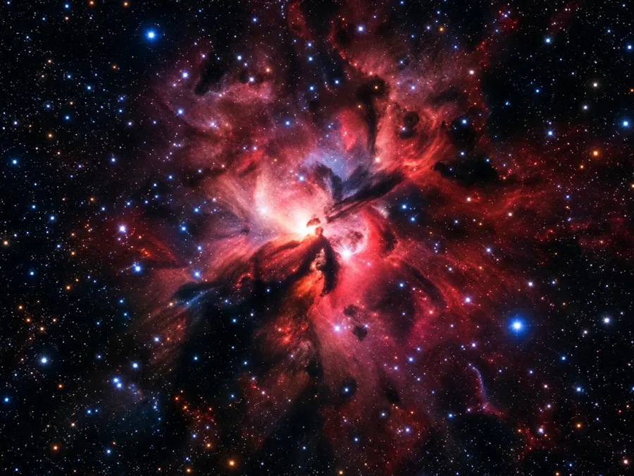 A red and pink emission nebula among blue stars