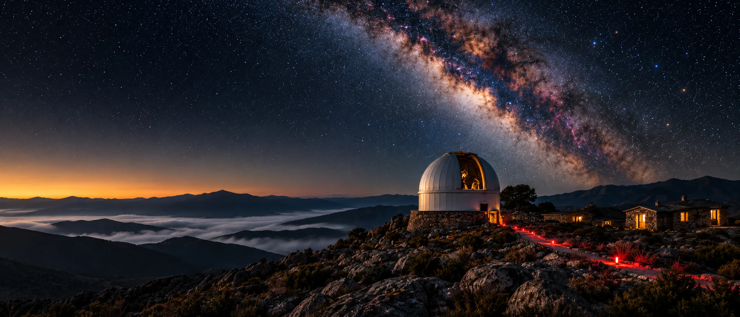 The Milky Way arching over a white observatory dome on a rocky plateau at night, a sea of cloud and orange afterglow on the horizon