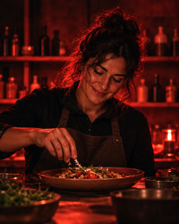 Portrait of Clara Soler smiling as she plates food in a kitchen lit by soft red light