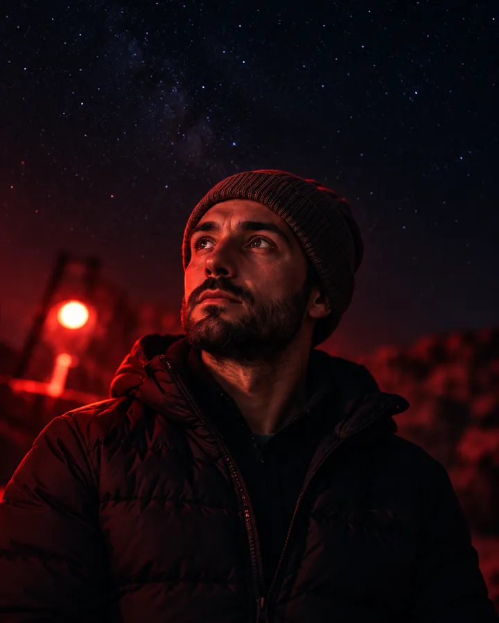 Portrait of Iker Ruiz in a beanie looking up at the night sky, a red lamp glowing behind him
