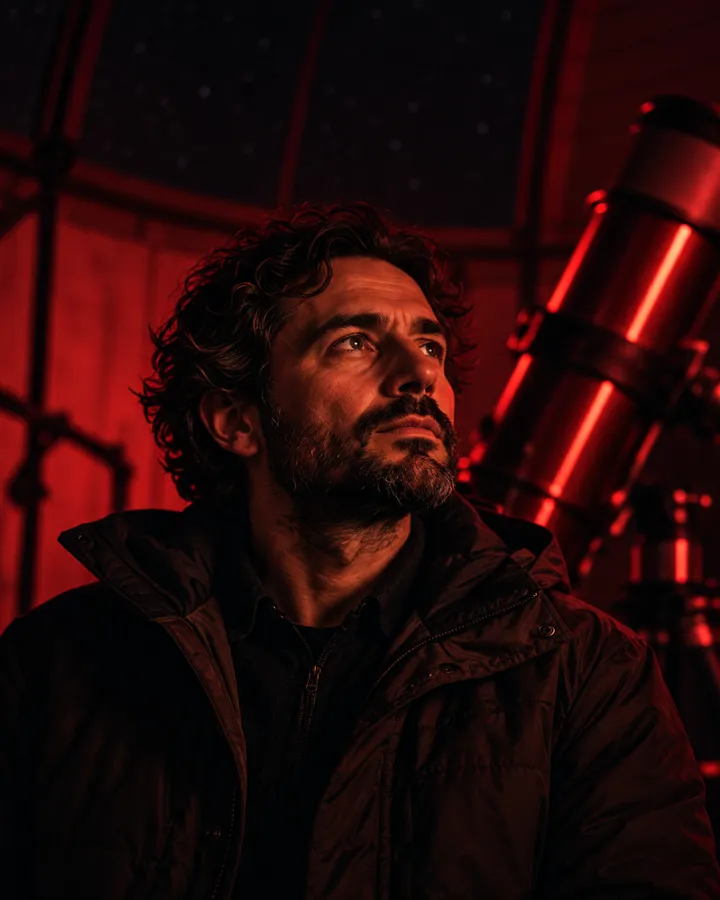 Portrait of Dr. Mateo Ibarra, a bearded astronomer in a dark jacket, looking up in red light beside a telescope
