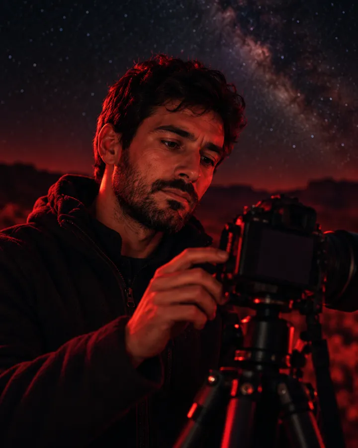 Portrait of Pau Serra checking the screen of a camera on a tripod in red light under the stars