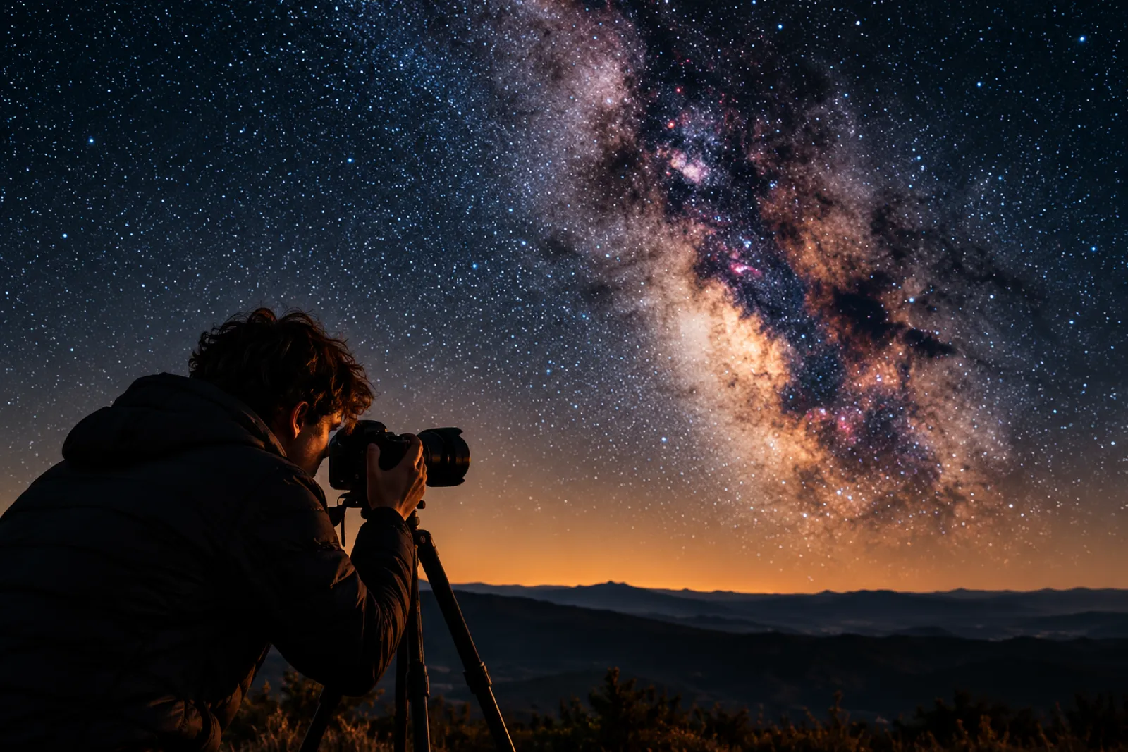 A photographer at a camera on a tripod aiming at the Milky Way over mountains