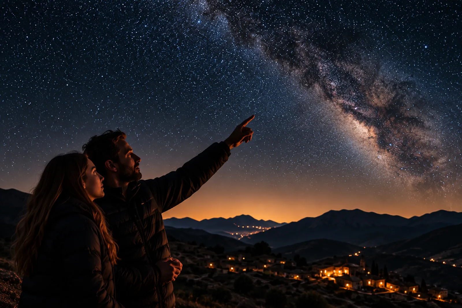 A man pointing up at the Milky Way beside a woman looking up, on a hillside at night