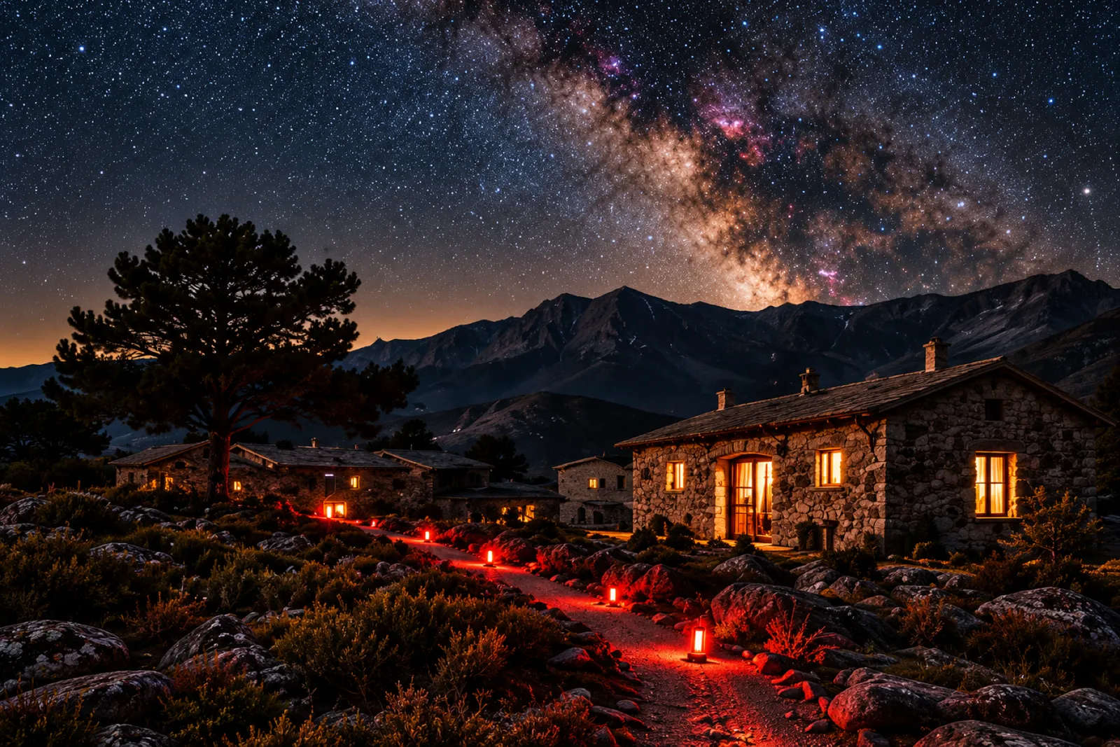 A stone cabin with lit windows on a rocky slope, red path lights leading to it under the Milky Way