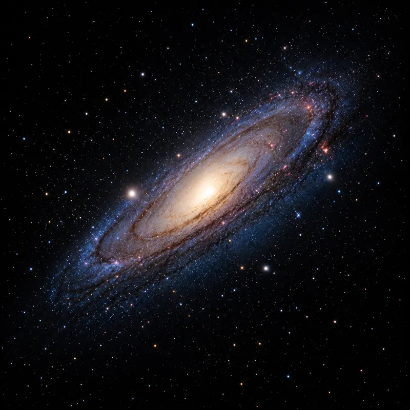 The Andromeda galaxy, a tilted spiral of light among faint stars
