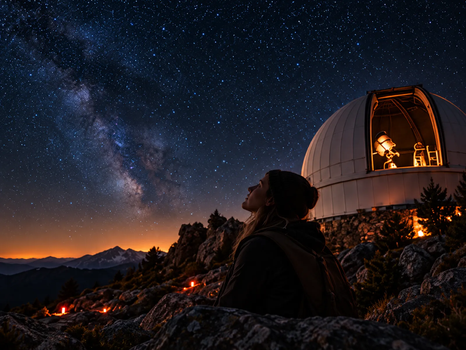 A woman in a beanie looking up at the stars, the lit observatory dome behind her