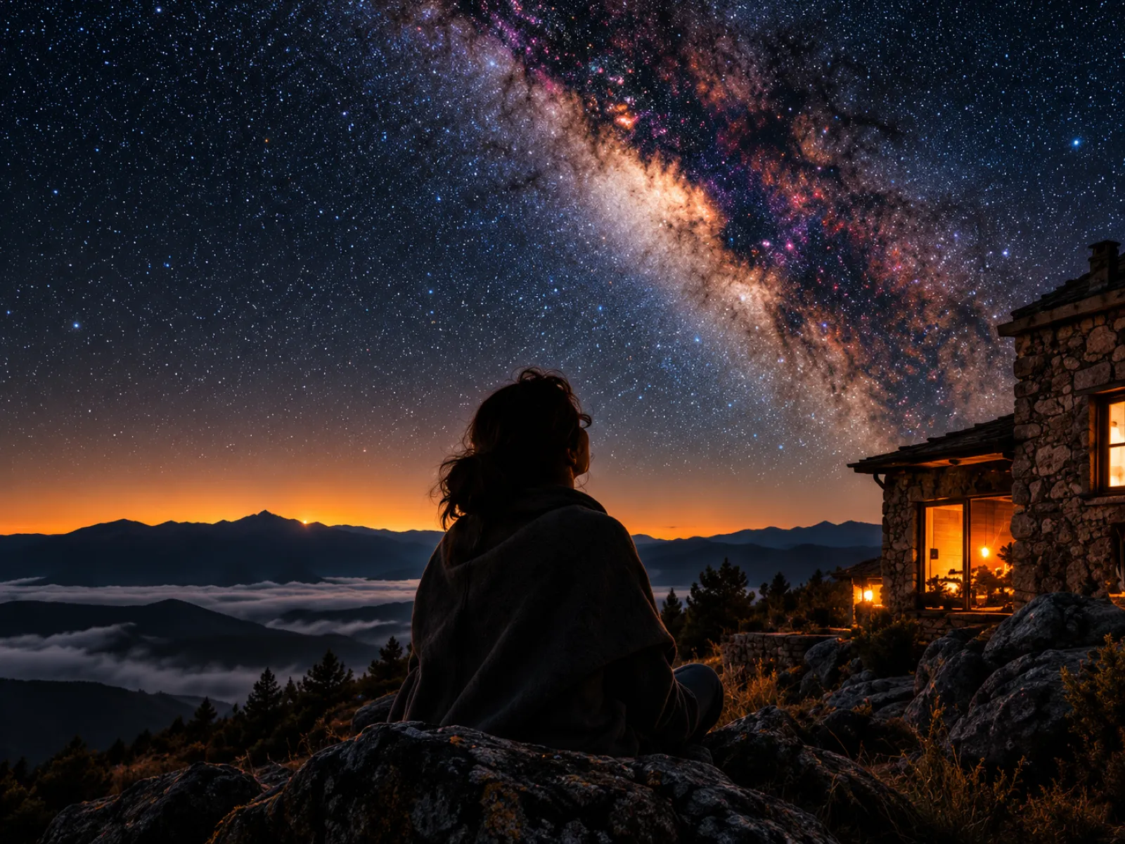 A woman in a hood sitting on a rock under the Milky Way, a lit stone cabin beside her