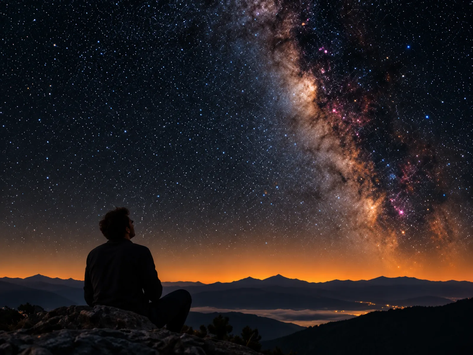 A man seen from behind sitting on a rock under the Milky Way above the mountains