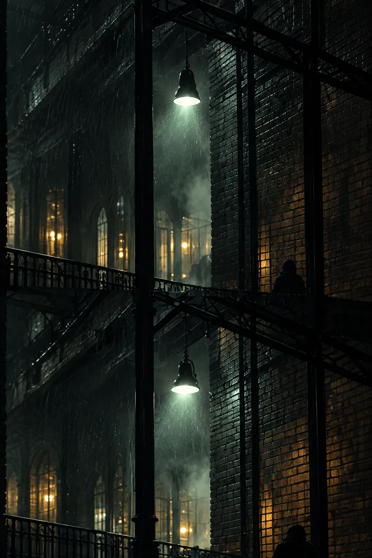 A narrow brick alley at night, one green-white lamp over iron railings and lit windows in the rain
