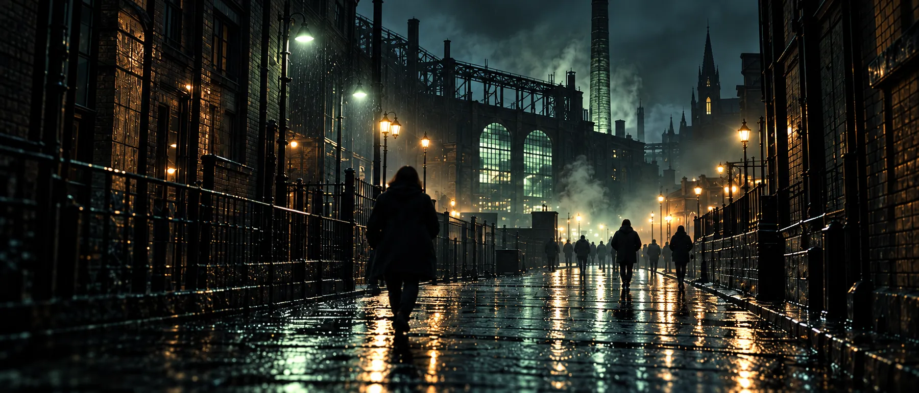 The wet street after the last set, a few figures walking away towards the lit foundry and the chapel spire