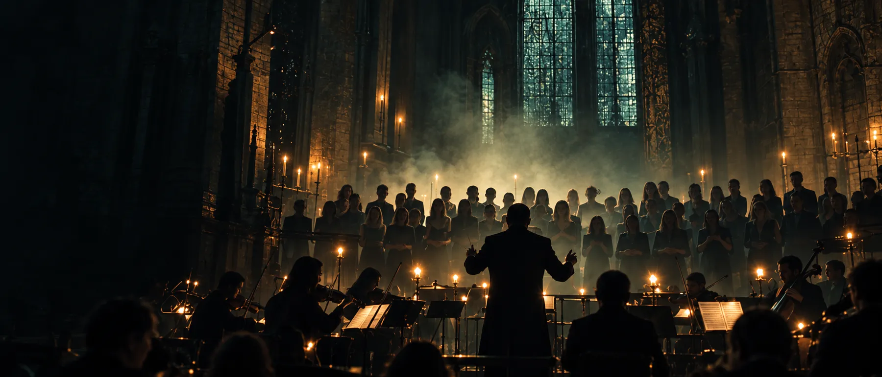 A choir and a string section in a candlelit nineteenth-century hall, the conductor seen from behind