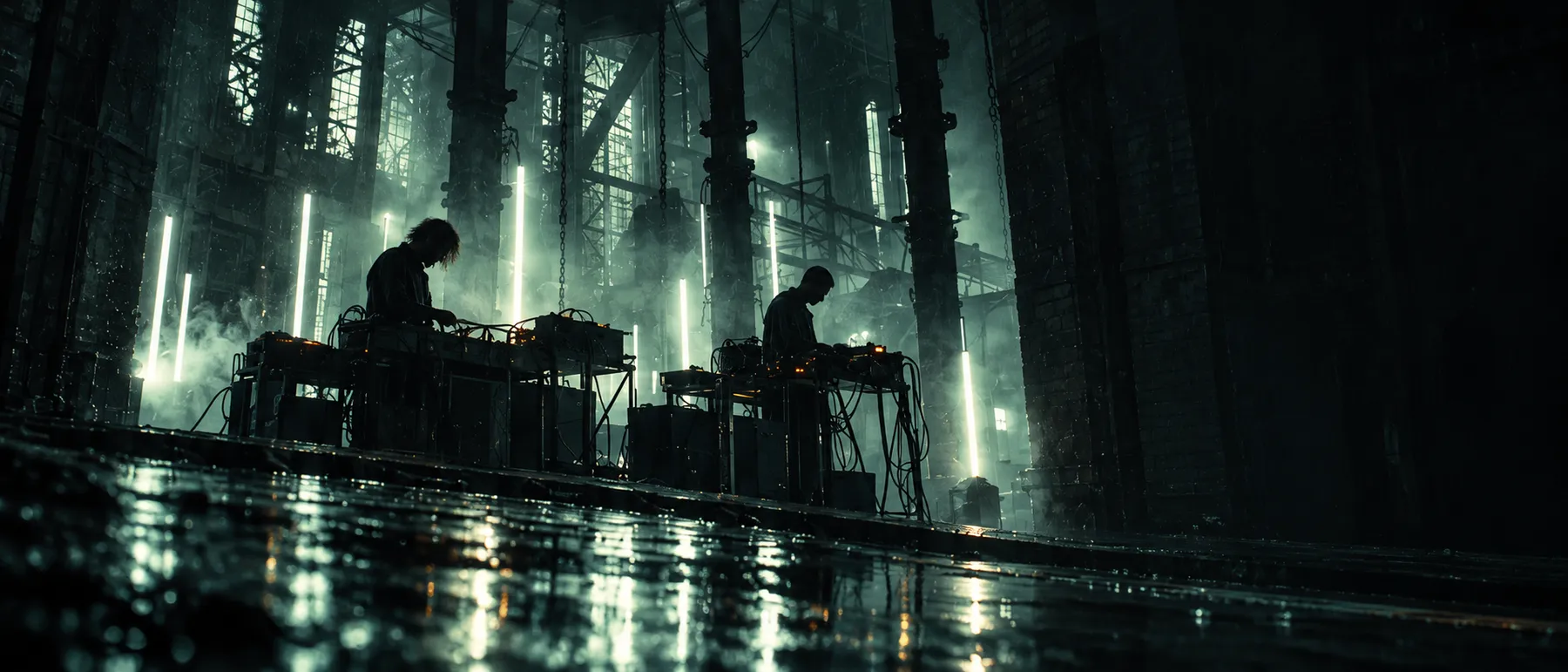 Two electronic musicians at tables of synthesizers under vertical mint-white light tubes in a foundry, a wet floor reflecting them