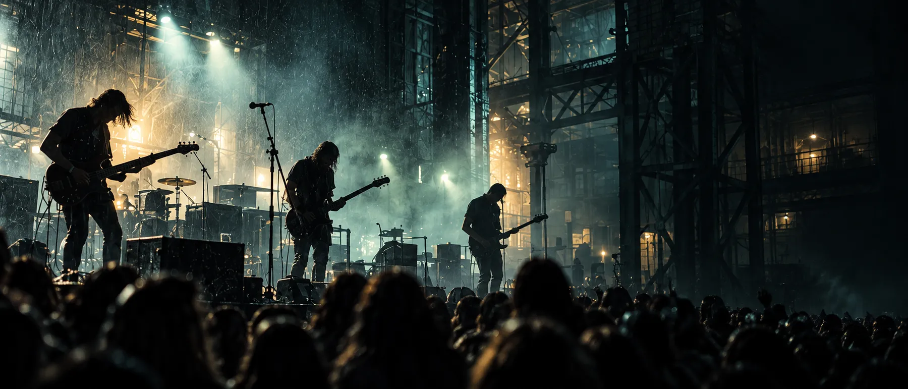 A three-piece band playing guitars on a stage inside a converted iron foundry, haze and spotlights over the crowd