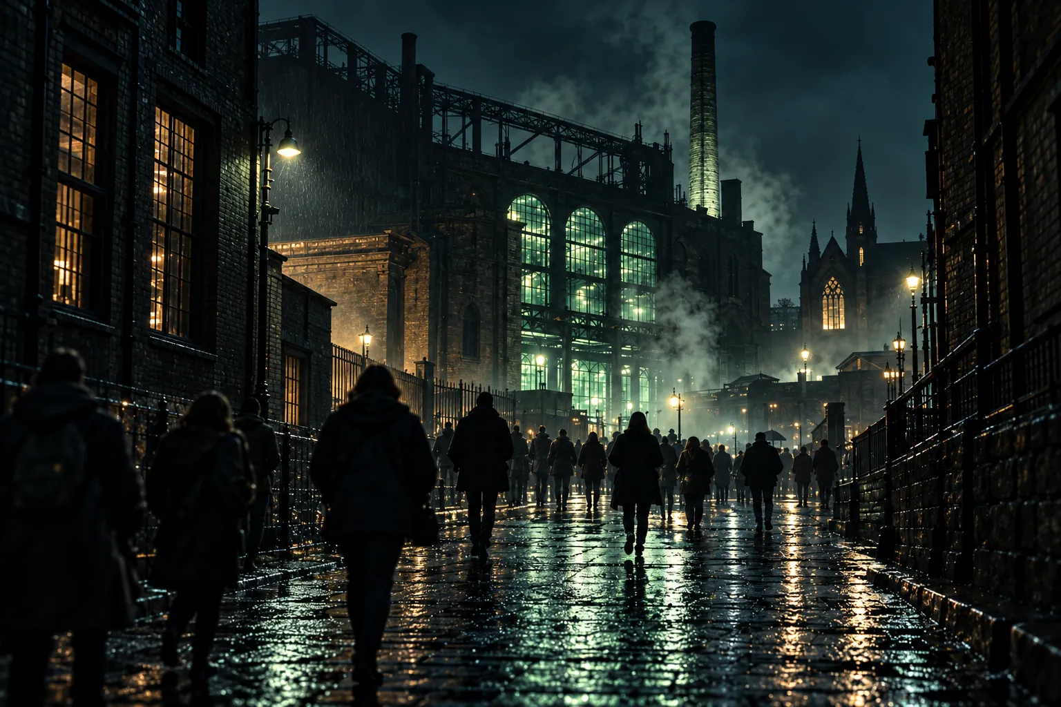 Festival-goers in coats walking up a wet cobbled street at night towards a lit Victorian foundry with tall green-lit arched windows and a chimney, a chapel spire on the right