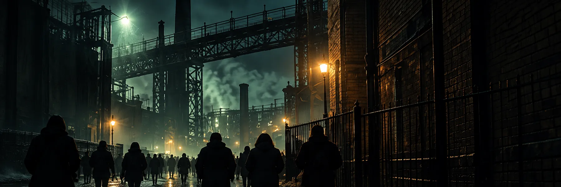 An iron gantry and footbridge over a dark street, a chimney and lamps in the mist