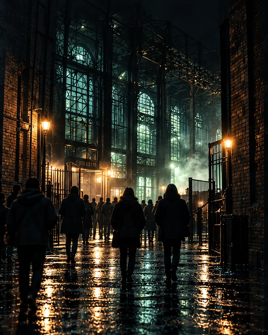 Festival-goers walking towards the lit gates of the foundry along a wet street at night