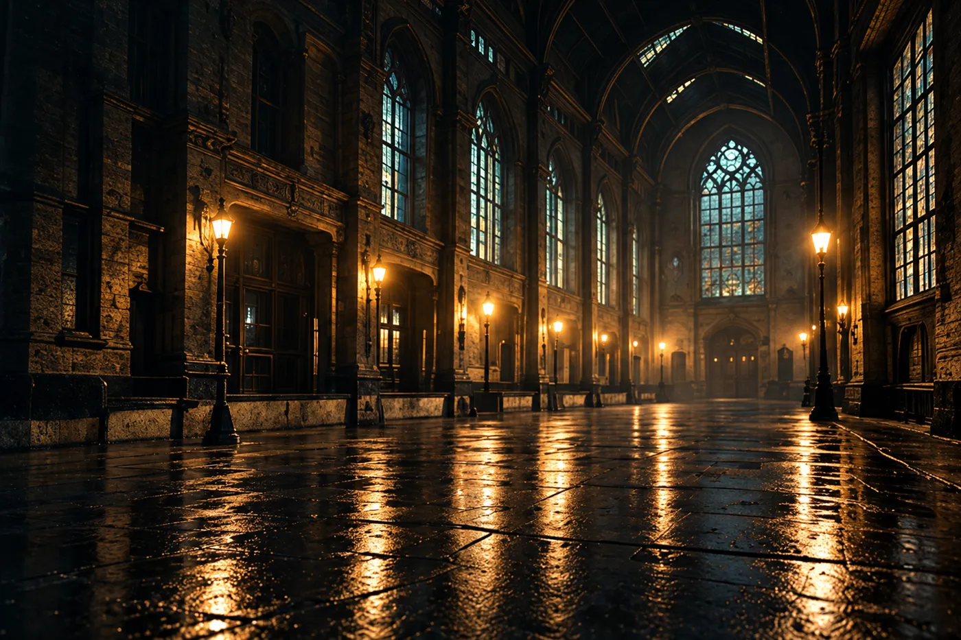 The empty nineteenth-century hall with tall arched windows and lamps on posts, their light on a polished floor