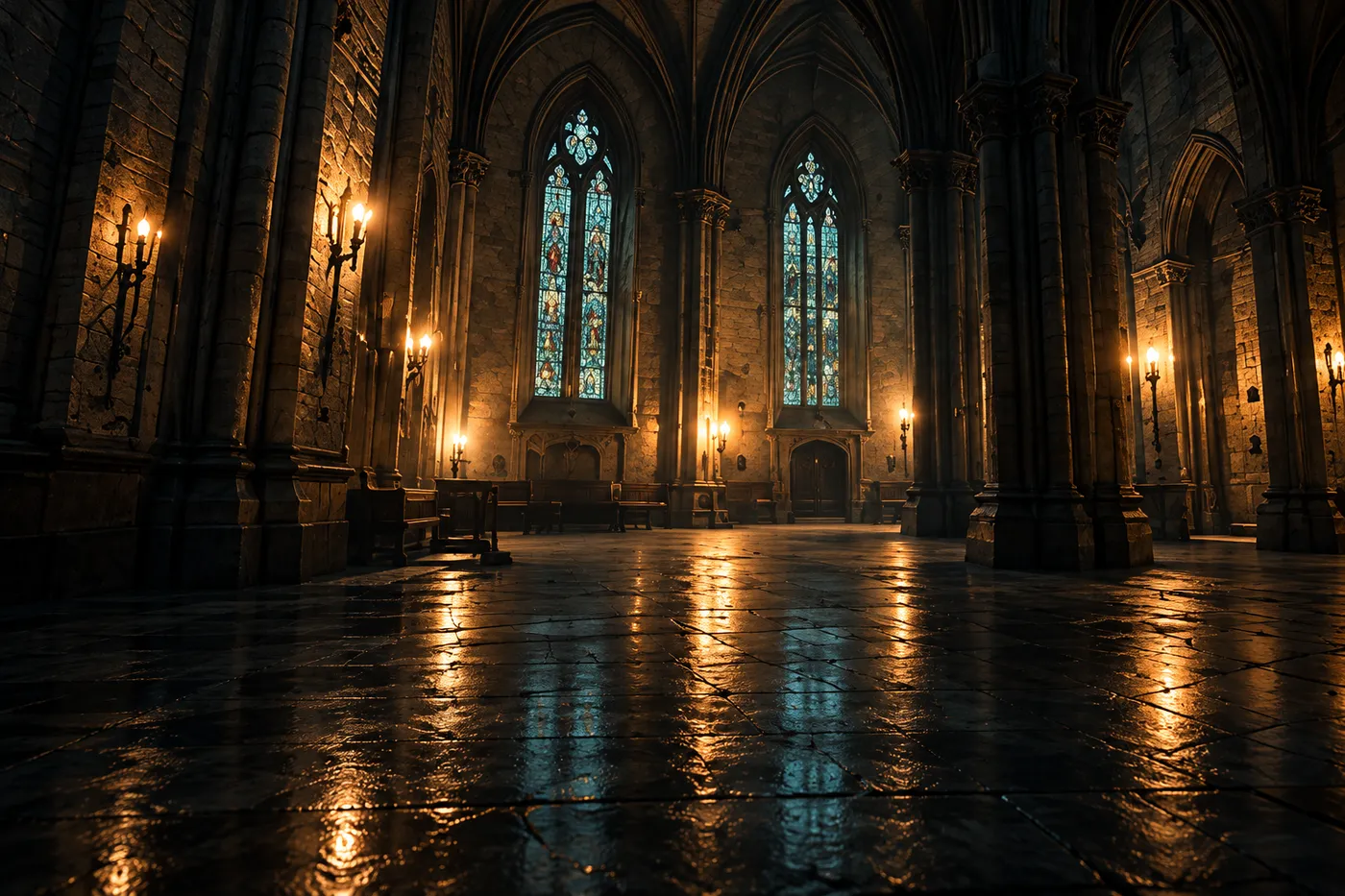 The empty stone chapel at night, two stained-glass windows and warm wall lamps over the stone floor
