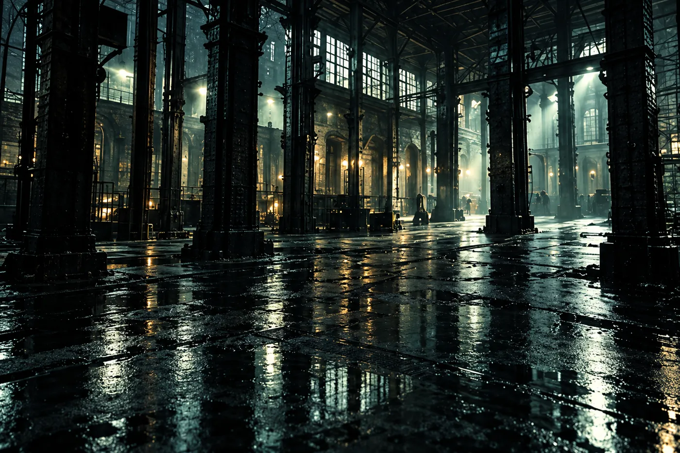 The empty foundry hall at night: iron columns, tall windows and cool light on a wet concrete floor