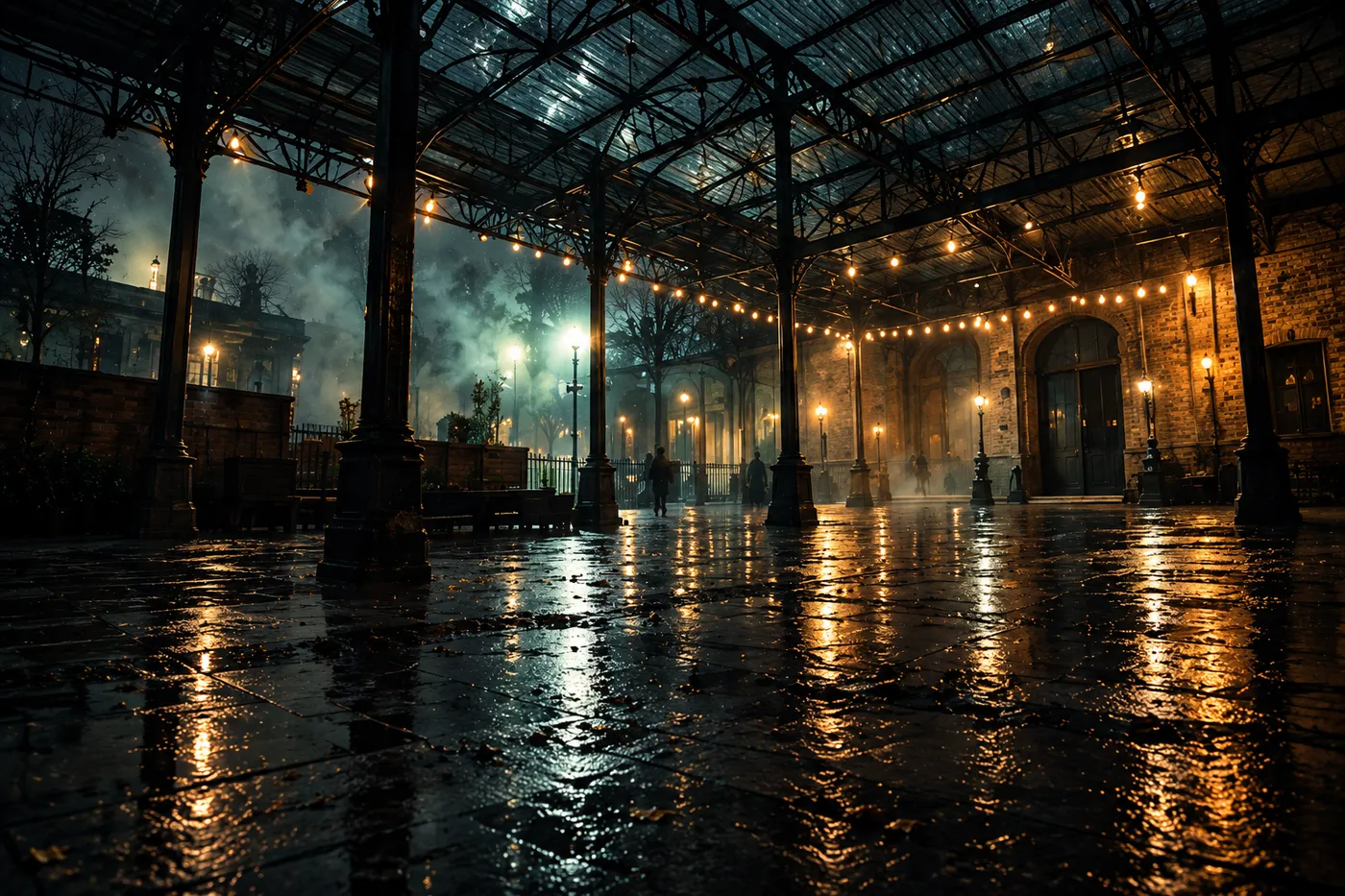 The covered yard under an iron-and-glass canopy, festoon lights in the haze over a wet floor