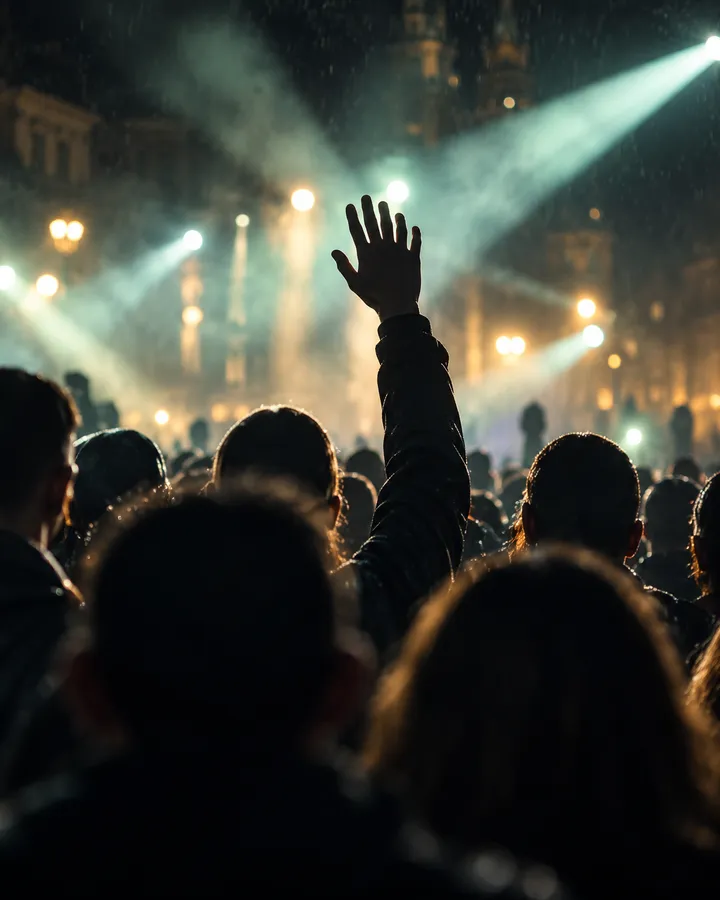 One raised hand in a crowd under bright cool stage beams