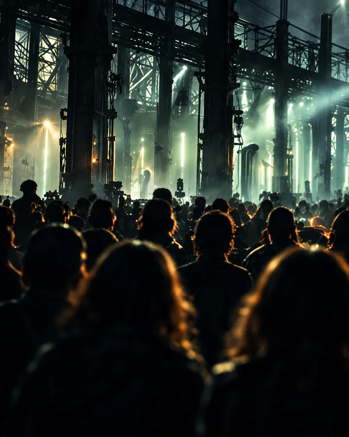 A crowd seen from behind under mint-white beams in the foundry hall