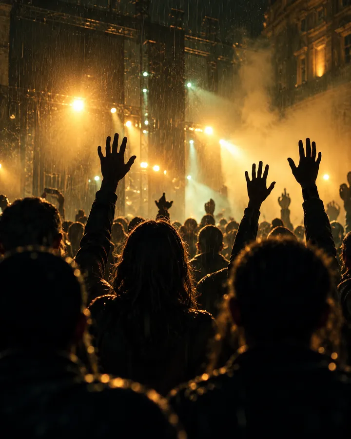 Raised hands of a crowd against warm amber haze and stage light