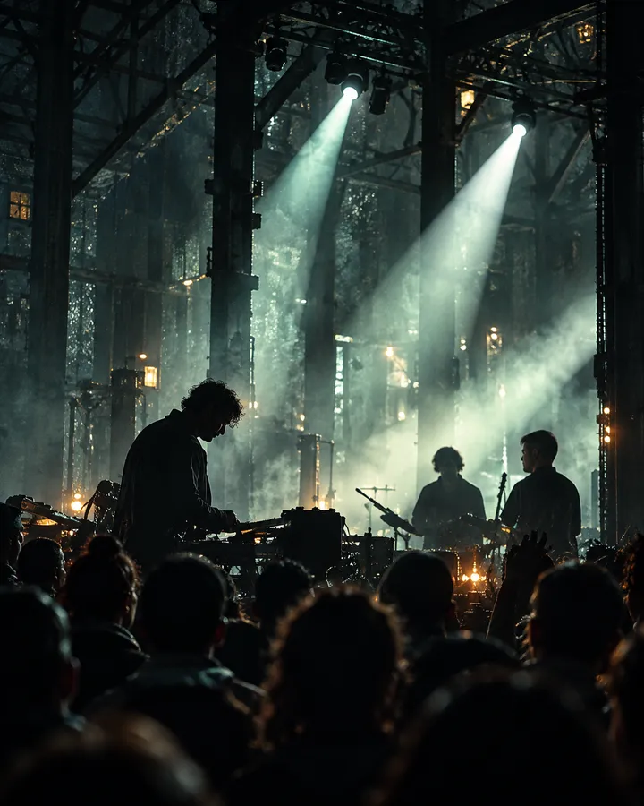 A musician on a stage under cool spotlights in the haze, heads of the crowd in front
