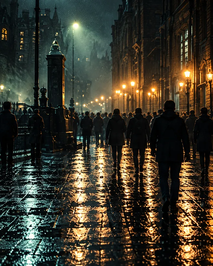 People walking away down a wet street between lamplit brick buildings