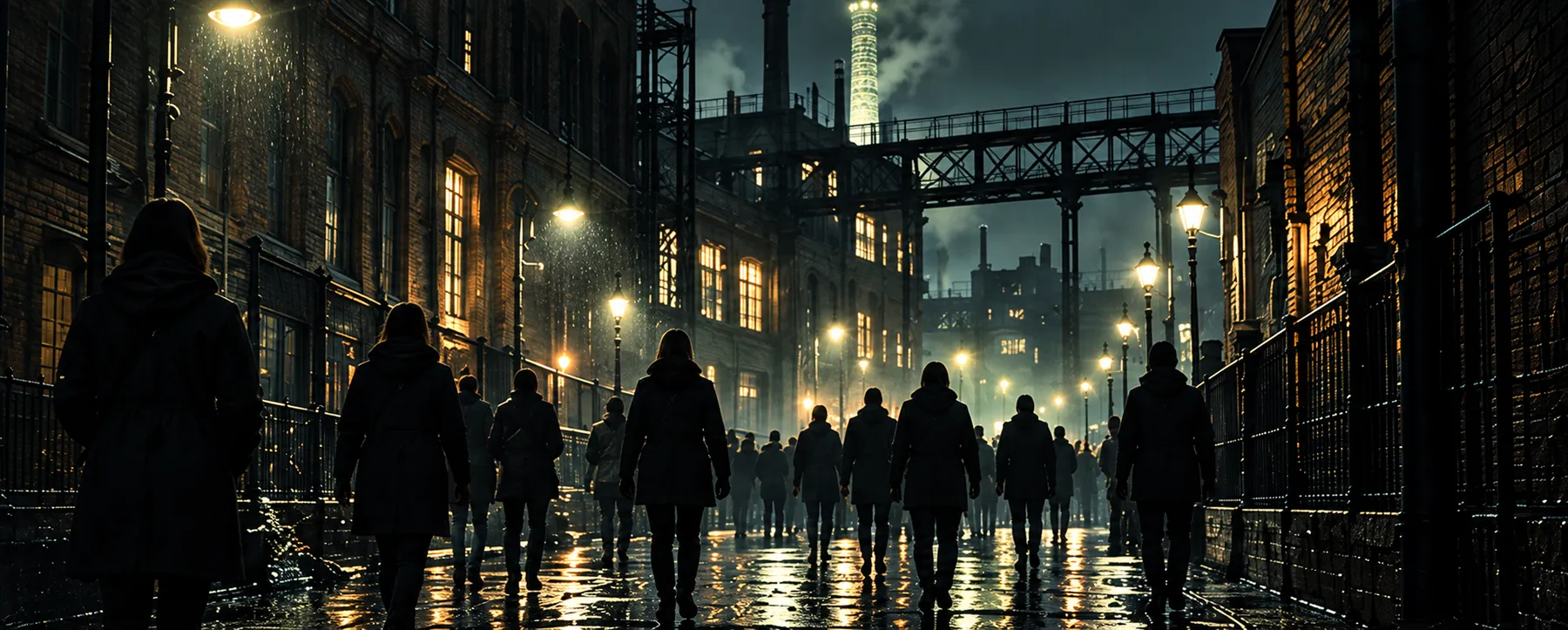 People in coats walking along a lamplit street between brick warehouses towards an iron footbridge and a lit chimney