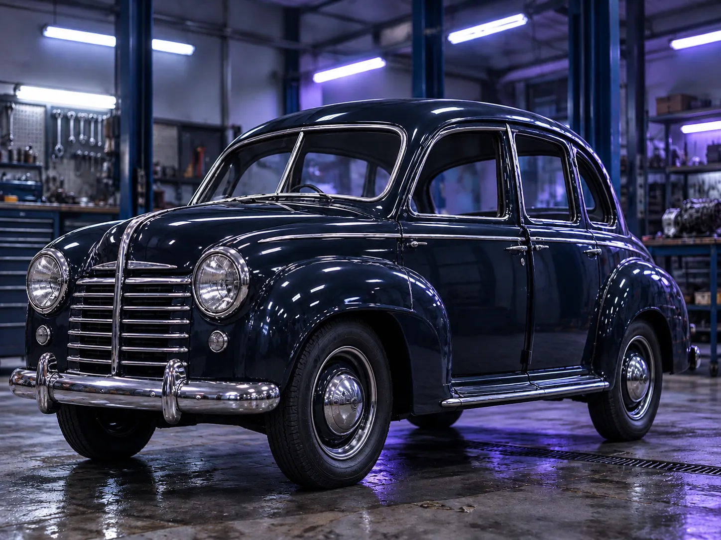 The same saloon restored in deep blue-black paint with polished chrome, back on its wheels
