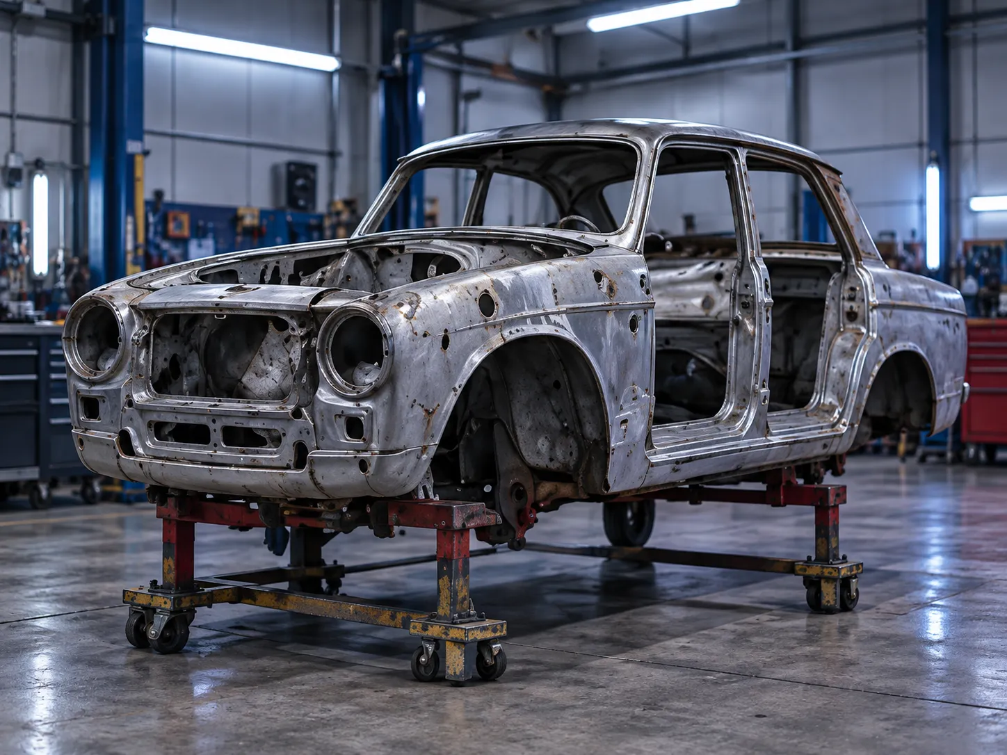 The bare metal shell of a small classic saloon on a rotisserie stand