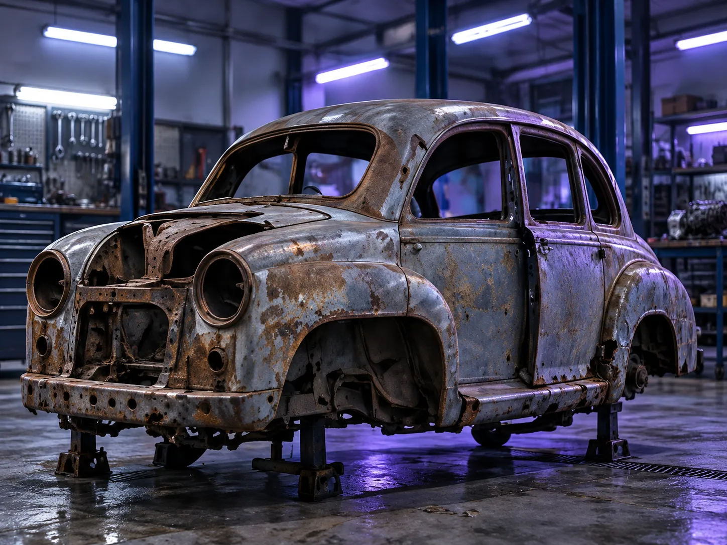 A rusted 1940s-style saloon on axle stands, its sills and floor rotted through