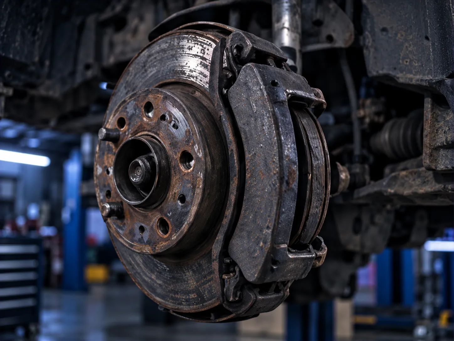 A worn, rusted brake disc and pitted calliper on a hub, the pads down to the metal
