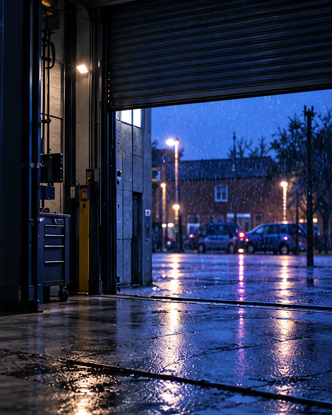A roller door half open from inside the workshop onto a rainy lane at blue hour