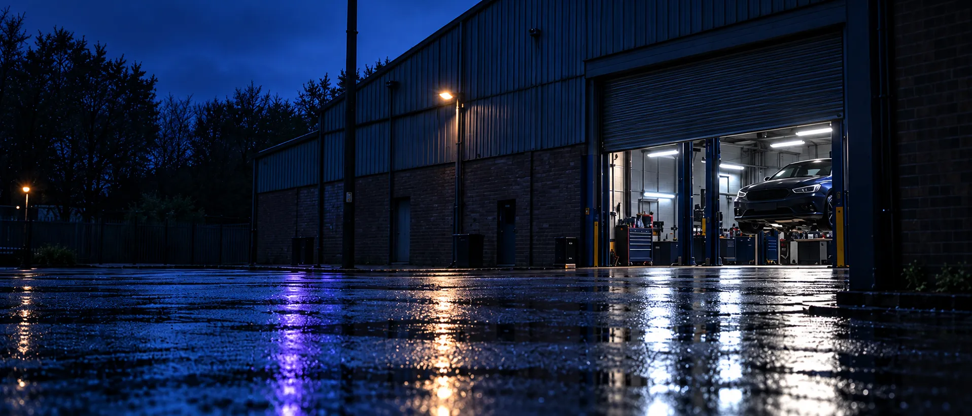 The workshop unit from across a rainy lane at blue hour, its roller door half open on a lit bay