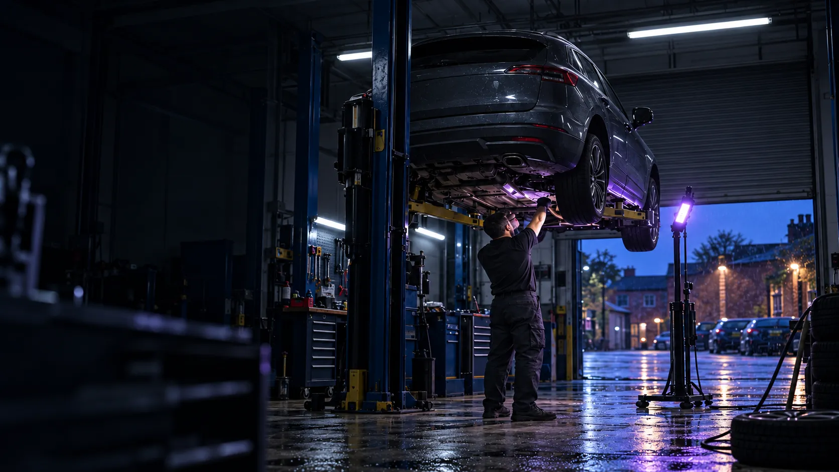 A dark car raised on a lift in a workshop after hours, a technician working beneath it under fluorescent tubes and an inspection lamp, the roller door half open onto a wet lane