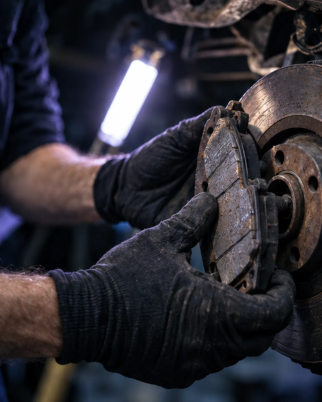 Gloved hands holding a worn brake pad beside a rusted brake disc, an inspection lamp glowing behind