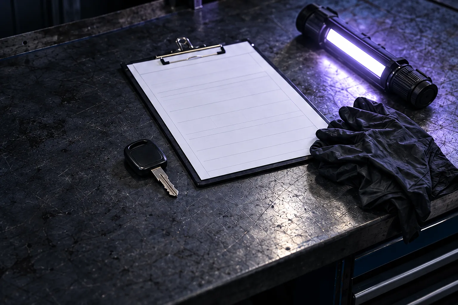 A car key, a clipboard with a blank job card, a work light and folded gloves on a scarred steel bench