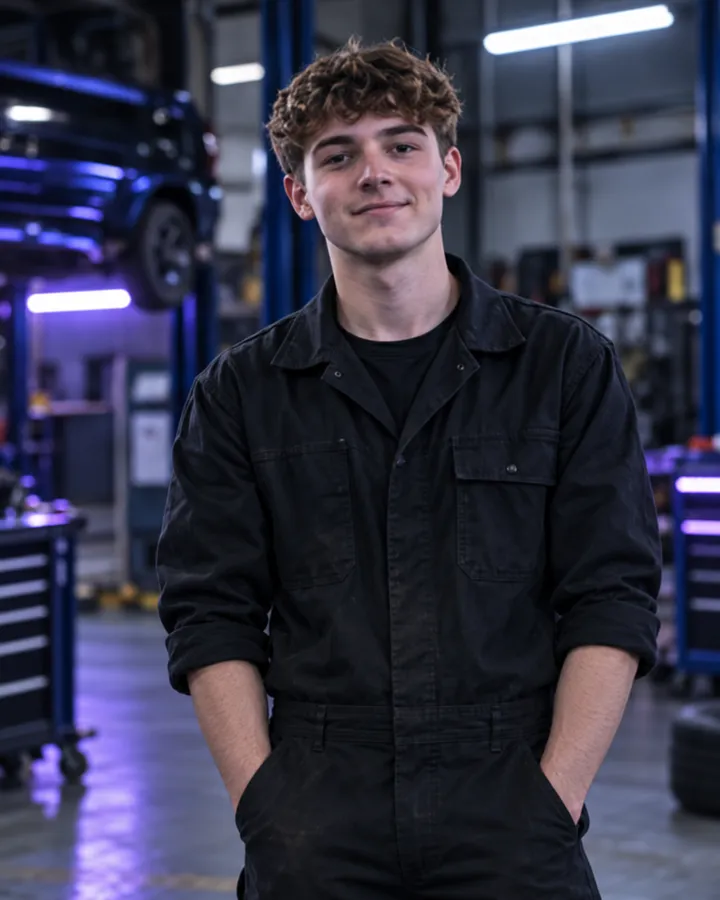 Callum Mercer, young with curly brown hair, smiling in the workshop