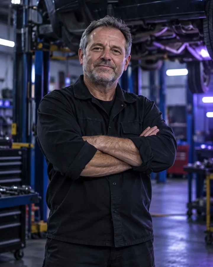 Dave Mercer, grey-haired and grey-bearded, arms crossed and smiling in the workshop